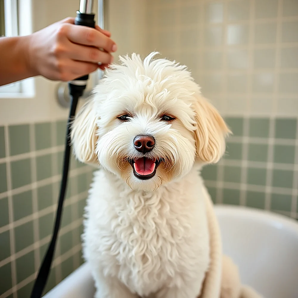Perrito blanco esponjado después del baño