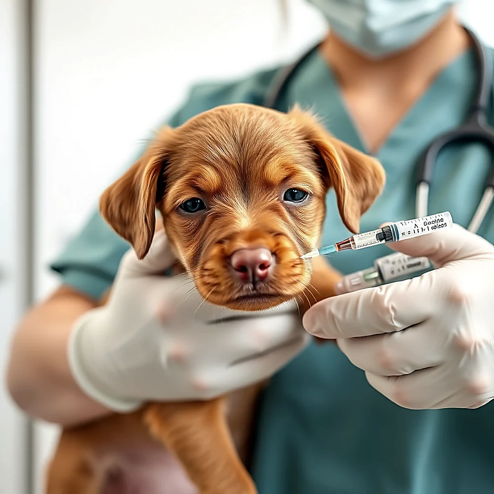 Cachorro café tranquilo en brazos de la asistente mientras recibe su primera vacuna
