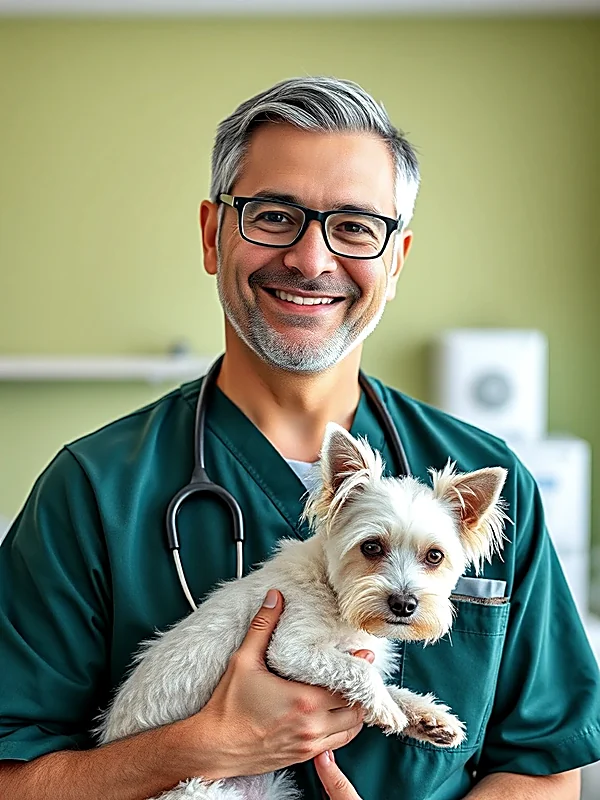 Retrato del veterinario Luis Ortega cargando a un terrier blanco