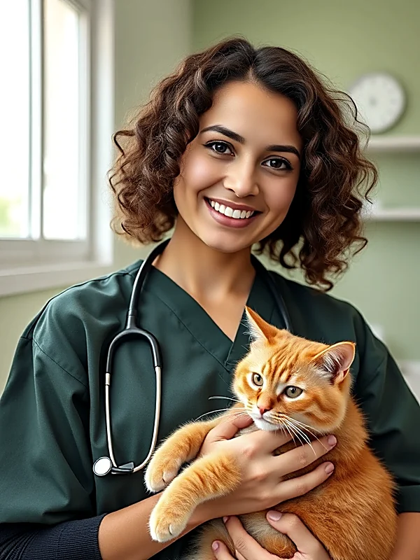 Retrato de la veterinaria Sofía Ramos cargando a un gato naranja