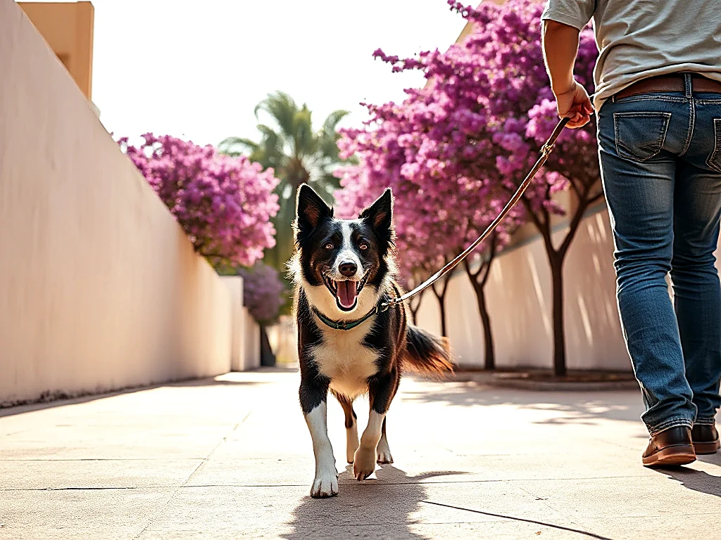 Border collie feliz de regreso a casa con su dueño bajo las jacarandas