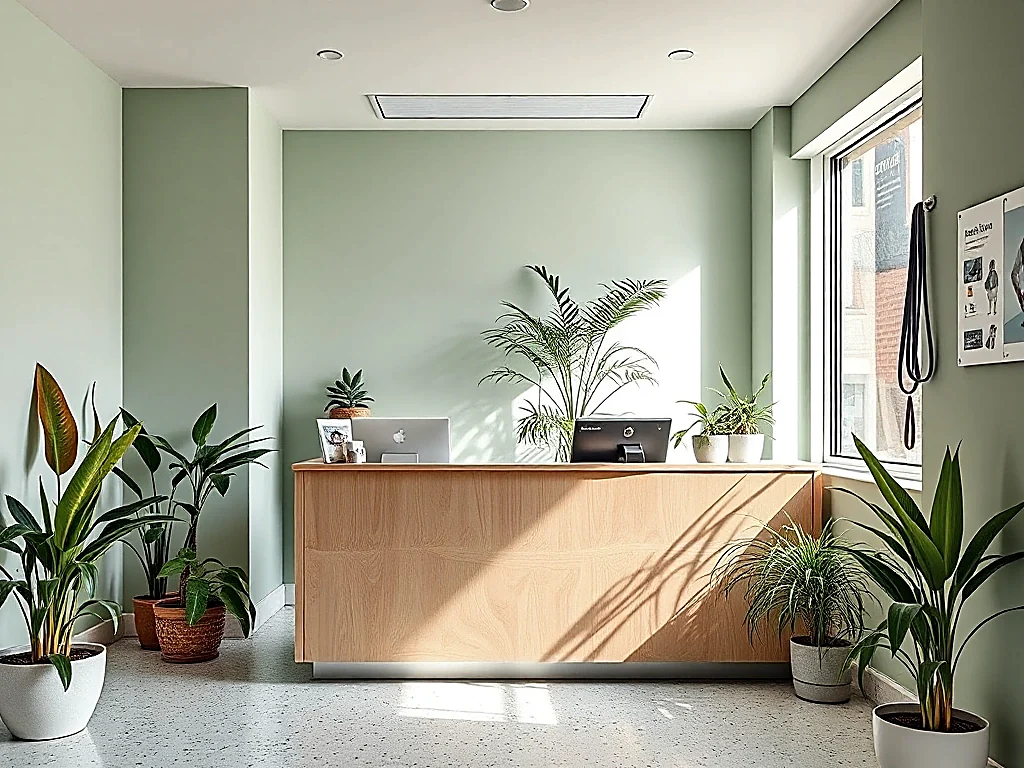 Recepción de la clínica con mostrador de madera clara, plantas y muros color salvia